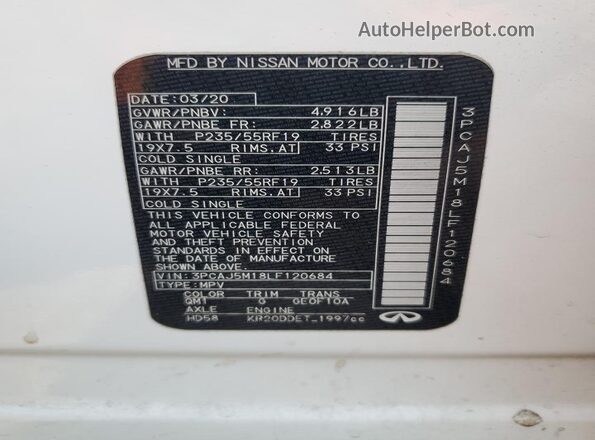 3PCAJ5M18LF120684 2020 INFINITI QX50 White VIN კოდის სტიკერის ხედი