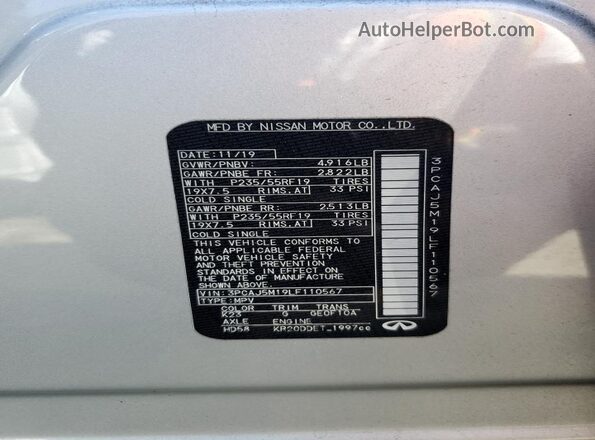 3PCAJ5M19LF110567 2020 INFINITI QX50 Silver VIN կոդի պիտակի տեսք