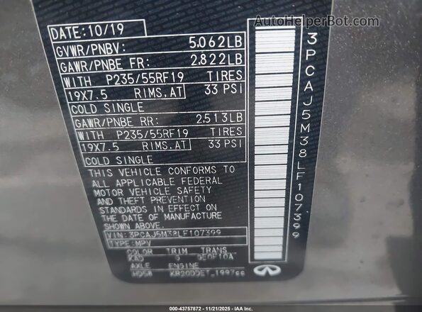 3PCAJ5M38LF107399 2020 INFINITI QX50 Gray Vista del compartimento del motor