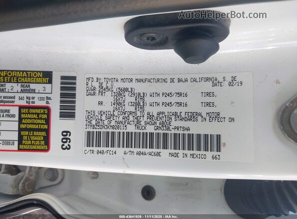 3TMBZ5DN3KM020115 2019 TOYOTA TACOMA Белый Вид подкапотного пространства