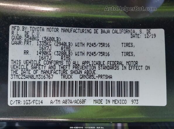 3TMCZ5AN0LM316767 2020 TOYOTA TACOMA Gray Вид підкапотного простору