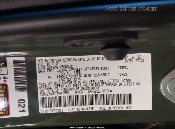 3TMCZ5AN7MM440553 2021 TOYOTA TACOMA Зеленый Вид подкапотного пространства