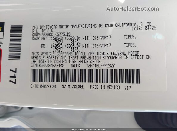3TMKB5FN3SM036445 2025 TOYOTA TACOMA Белый 