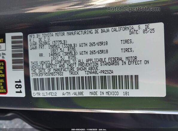 3TMKB5FN5SM037922 2025 TOYOTA TACOMA Gray Вид підкапотного простору