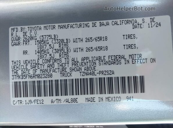 3TMKB5FN6RM023280 2024 TOYOTA TACOMA Silver Engine compartment view