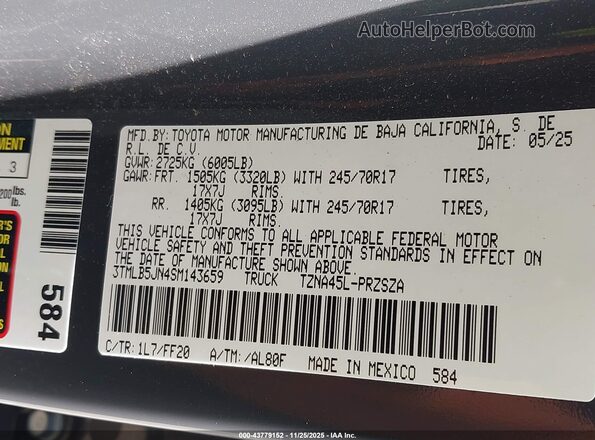 3TMLB5JN4SM143659 2025 TOYOTA TACOMA Gray Widok komory silnika