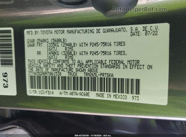 3TYAX5GN8NT061538 2022 TOYOTA TACOMA Gray Շարժիչի բաժամունքի տեսք