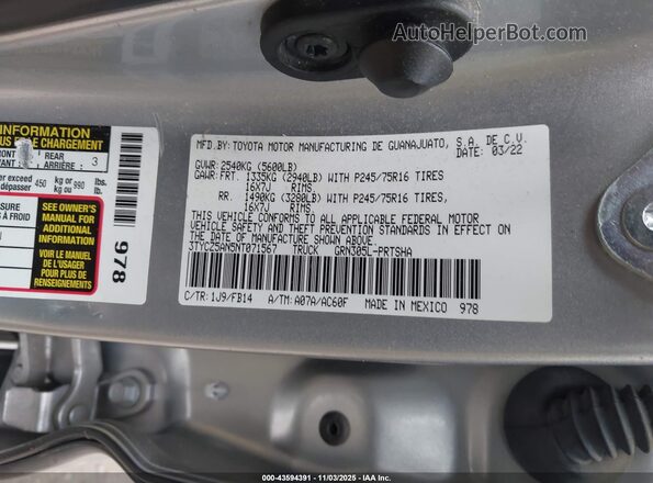 3TYCZ5AN5NT071567 2022 TOYOTA TACOMA Silver ძრავის განყოფილების ხედი