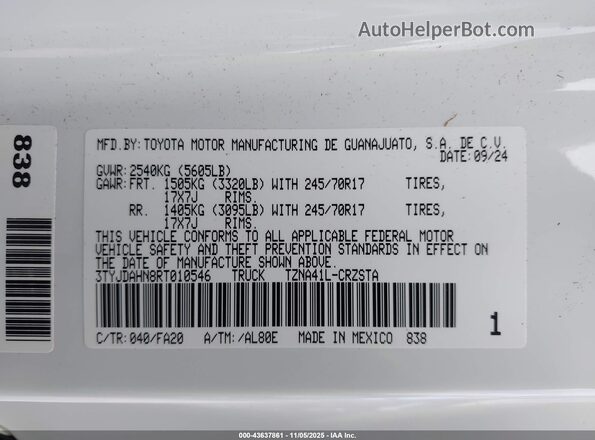 3TYJDAHN8RT010546 2024 TOYOTA TACOMA Белый Вид подкапотного пространства