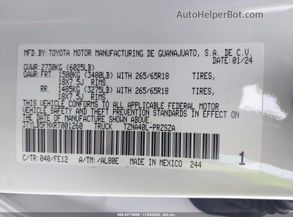 3TYLB5FNXRT001260 2024 TOYOTA TACOMA White Engine compartment view