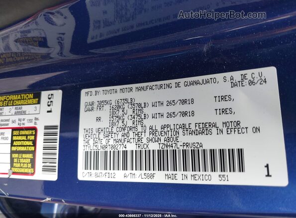 3TYLC5LN0RT002774 2024 TOYOTA TACOMA HYBRID Синий Вид подкапотного пространства