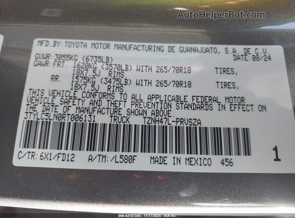 3TYLC5LN0RT006131 2024 TOYOTA TACOMA HYBRID Gray Շարժիչի բաժամունքի տեսք