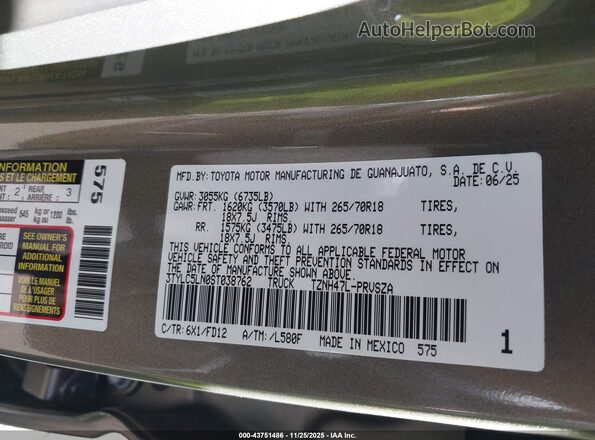 3TYLC5LN0ST038762 2025 TOYOTA TACOMA HYBRID Beige ძრავის განყოფილების ხედი