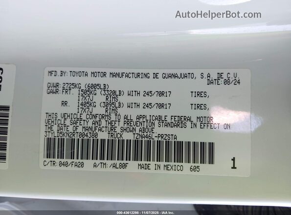 3TYLD5KN2RT004380 2024 TOYOTA TACOMA White Widok komory silnika