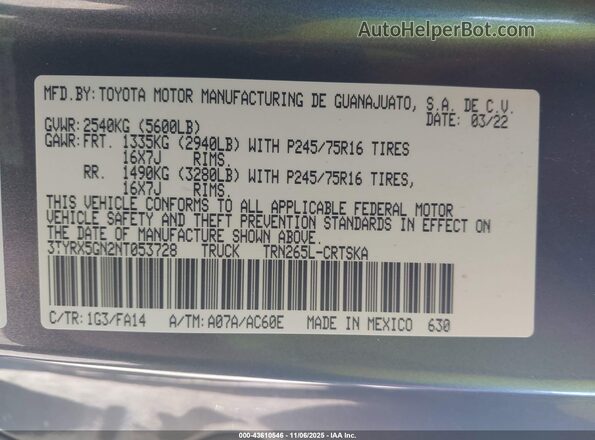 3TYRX5GN2NT053728 2022 TOYOTA TACOMA Gray Շարժիչի բաժամունքի տեսք