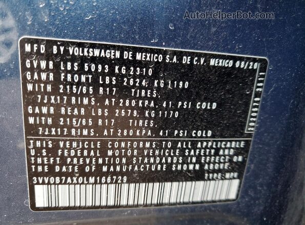 3VV0B7AX0LM166729 2020 VOLKSWAGEN TIGUAN Blue ძრავის განყოფილების ხედი
