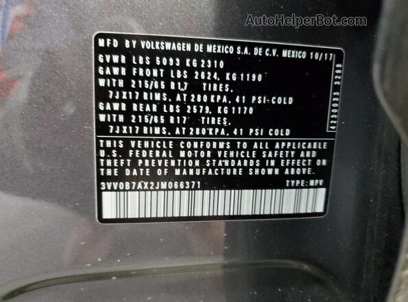 3VV0B7AX2JM066371 2018 VOLKSWAGEN TIGUAN Gray 