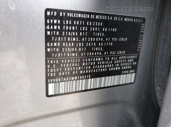 3VV0B7AX2MM104315 2021 VOLKSWAGEN TIGUAN Silver 