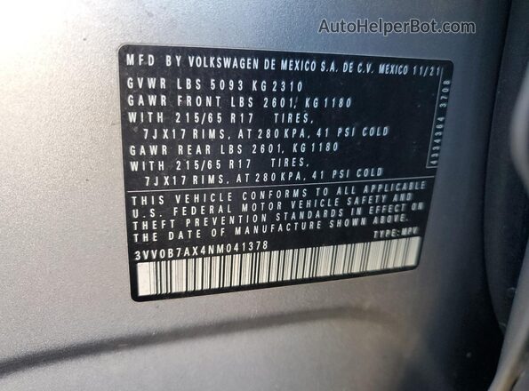 3VV0B7AX4NM041378 2022 VOLKSWAGEN TIGUAN Silver Vista de la etiqueta del VIN