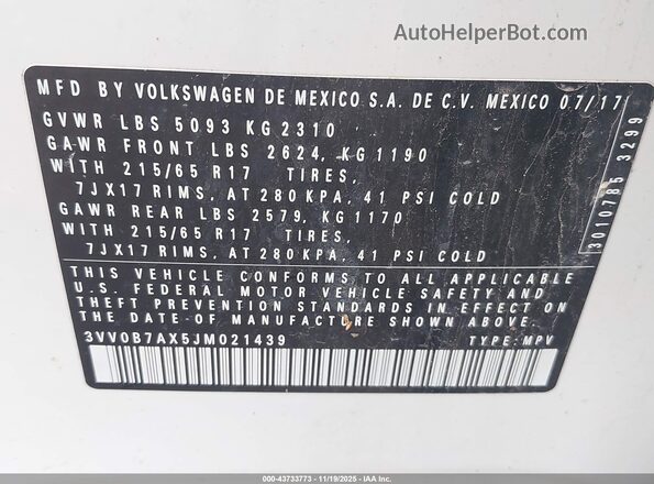 3VV0B7AX5JM021439 2018 VOLKSWAGEN TIGUAN White 