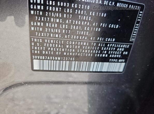 3VV0B7AX5NM123765 2022 VOLKSWAGEN TIGUAN Gray VIN sticker view