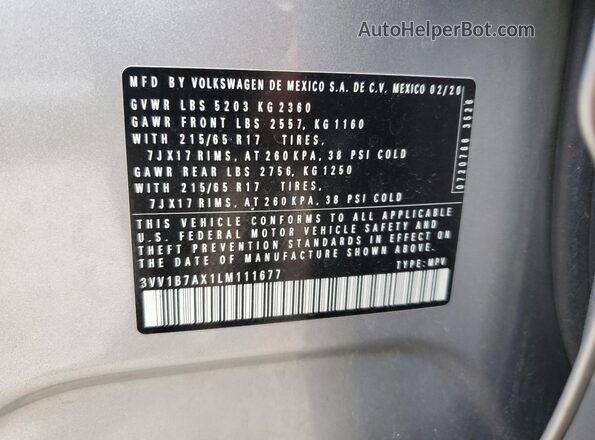 3VV1B7AX1LM111677 2020 VOLKSWAGEN TIGUAN Gray VIN կոդի պիտակի տեսք