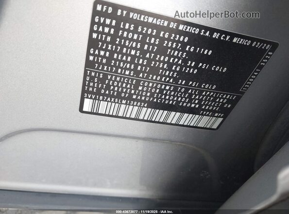 3VV1B7AX5LM138834 2020 VOLKSWAGEN TIGUAN Серебряный Вид подкапотного пространства