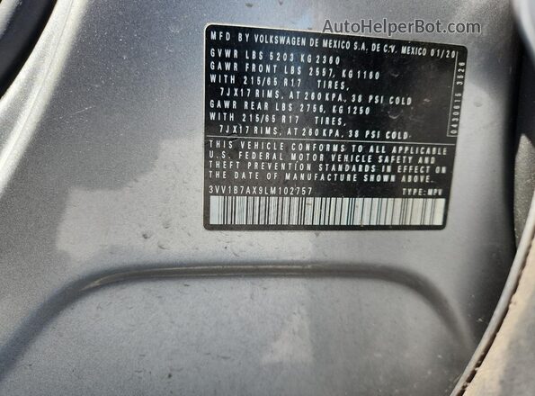 3VV1B7AX9LM102757 2020 VOLKSWAGEN TIGUAN Silver VIN կոդի պիտակի տեսք