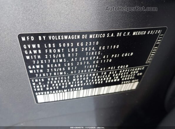 3VV2B7AX0LM137482 2020 VOLKSWAGEN TIGUAN Gray Engine compartment view