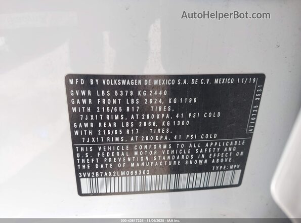 3VV2B7AX2LM069363 2020 VOLKSWAGEN TIGUAN White Շարժիչի բաժամունքի տեսք