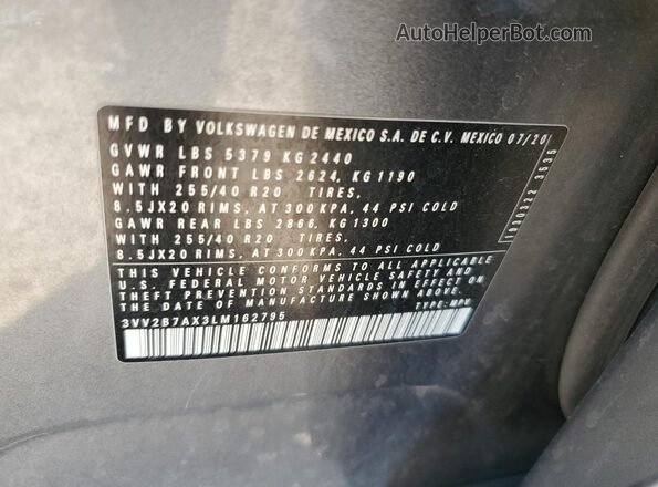 3VV2B7AX3LM162795 2020 VOLKSWAGEN TIGUAN Gray Widok naklejki z numerem VIN