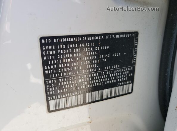 3VV2B7AX5LM007911 2020 VOLKSWAGEN TIGUAN White VIN կոդի պիտակի տեսք