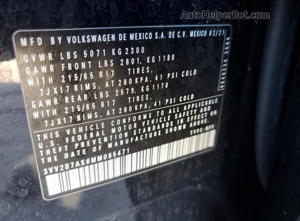 3VV2B7AX6MM085471 2021 VOLKSWAGEN TIGUAN Black Вид наклейки з VIN-кодом
