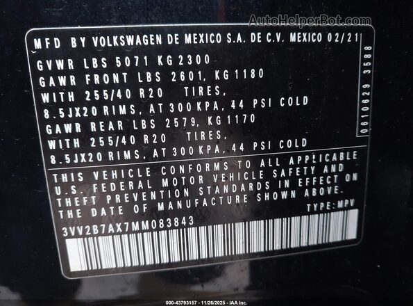 3VV2B7AX7MM083843 2021 VOLKSWAGEN TIGUAN Black Շարժիչի բաժամունքի տեսք