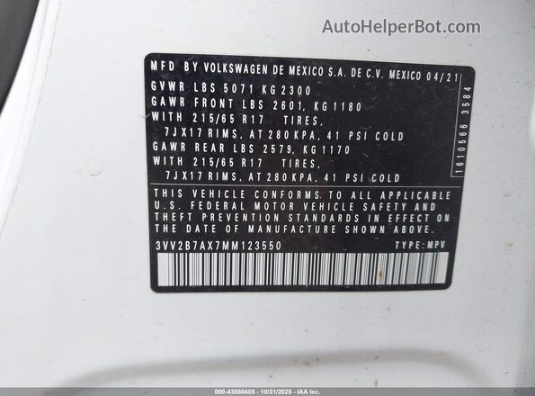 3VV2B7AX7MM123550 2021 VOLKSWAGEN TIGUAN White 
