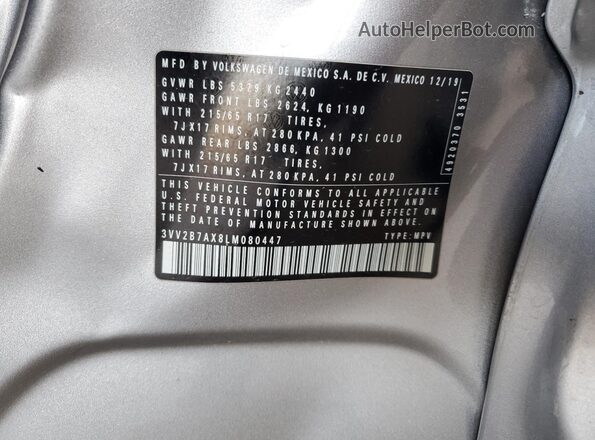 3VV2B7AX8LM080447 2020 VOLKSWAGEN TIGUAN Серебряный Вид наклейки с VIN-кодом