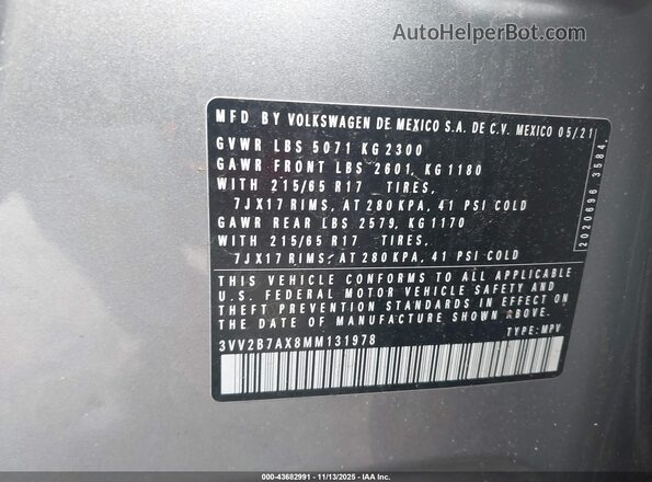 3VV2B7AX8MM131978 2021 VOLKSWAGEN TIGUAN Silver Շարժիչի բաժամունքի տեսք