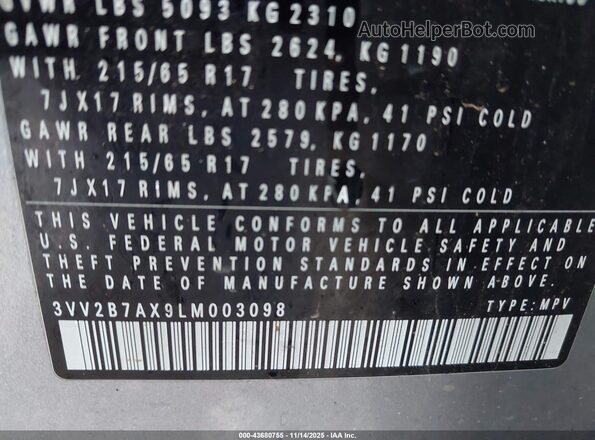 3VV2B7AX9LM003098 2020 VOLKSWAGEN TIGUAN Silver Շարժիչի բաժամունքի տեսք