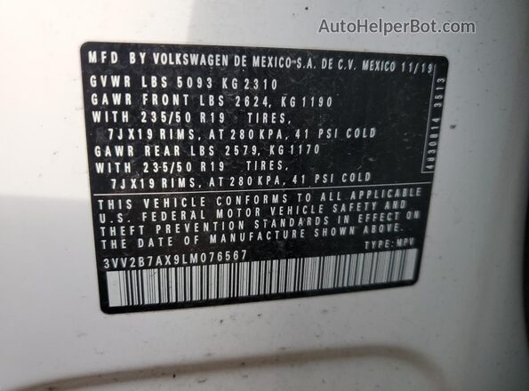 3VV2B7AX9LM076567 2020 VOLKSWAGEN TIGUAN White VIN კოდის სტიკერის ხედი
