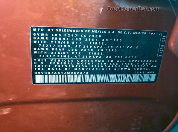3VV3B7AX1JM062373 2018 VOLKSWAGEN TIGUAN Red 
