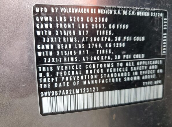 3VV3B7AX2LM123121 2020 VOLKSWAGEN TIGUAN Серый Вид наклейки с VIN-кодом