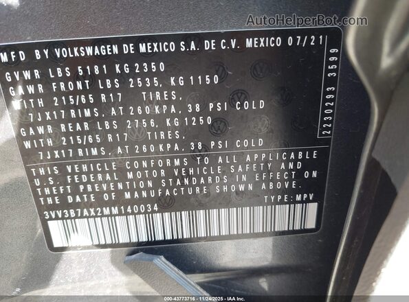 3VV3B7AX2MM140034 2021 VOLKSWAGEN TIGUAN Gray Շարժիչի բաժամունքի տեսք
