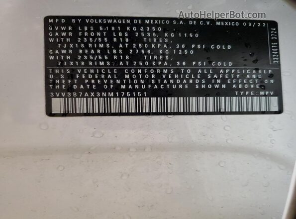 3VV3B7AX3NM175151 2022 VOLKSWAGEN TIGUAN White VIN კოდის სტიკერის ხედი