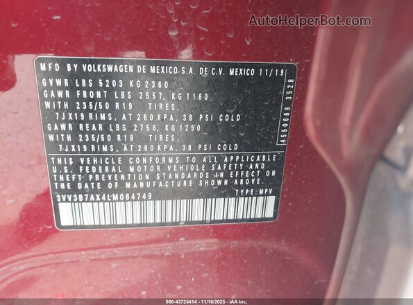 3VV3B7AX4LM064749 2020 VOLKSWAGEN TIGUAN Red Engine compartment view