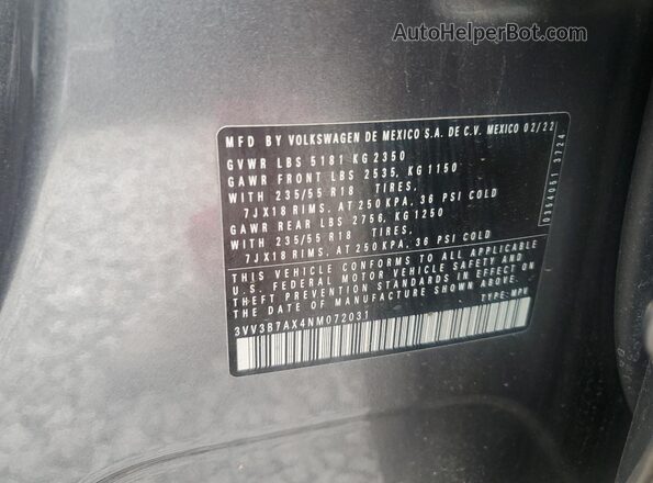 3VV3B7AX4NM072031 2022 VOLKSWAGEN TIGUAN Gray VIN կոդի պիտակի տեսք
