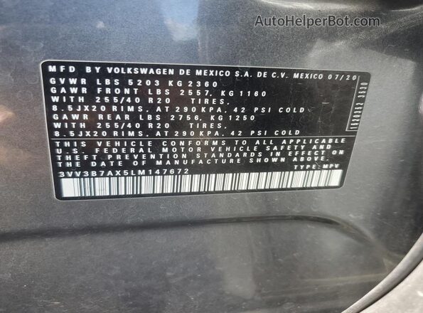3VV3B7AX5LM147672 2020 VOLKSWAGEN TIGUAN Gray VIN კოდის სტიკერის ხედი