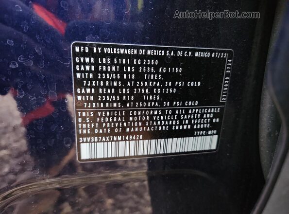 3VV3B7AX7NM149426 2022 VOLKSWAGEN TIGUAN Blue VIN კოდის სტიკერის ხედი