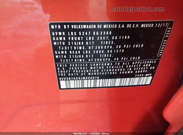 3VV3B7AX9JM090678 2018 VOLKSWAGEN TIGUAN Orange 