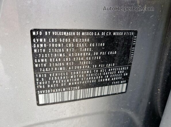 3VV3B7AX9LM157296 2020 VOLKSWAGEN TIGUAN Silver Vista del compartimento del motor