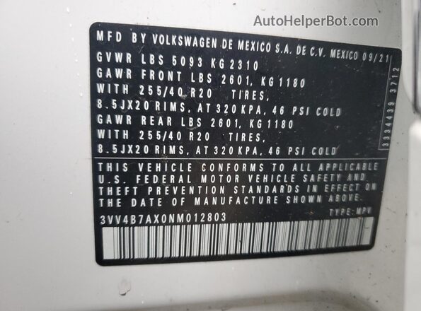 3VV4B7AX0NM012803 2022 VOLKSWAGEN TIGUAN White Widok naklejki z numerem VIN
